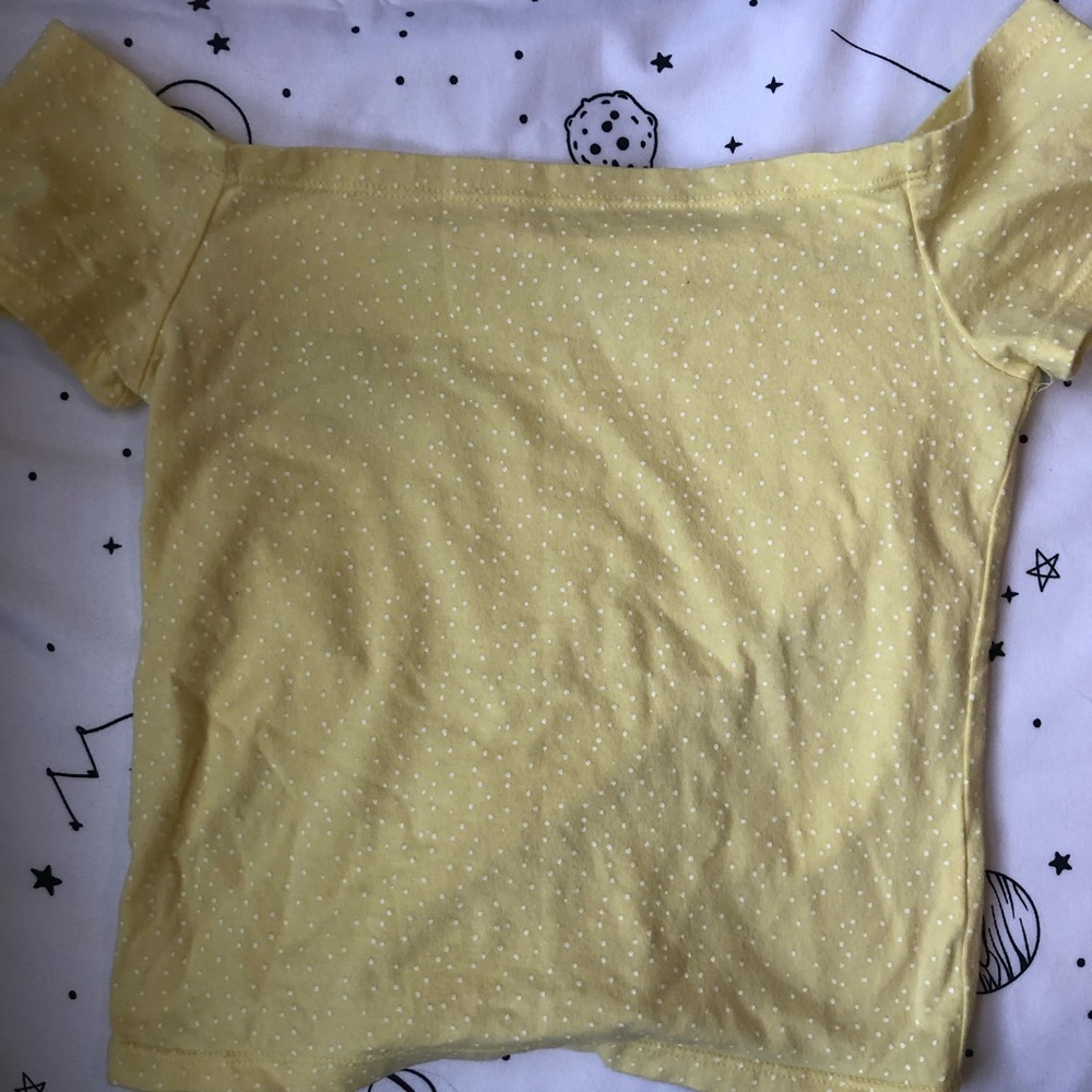 yellow and white polka dot off the shoulder top